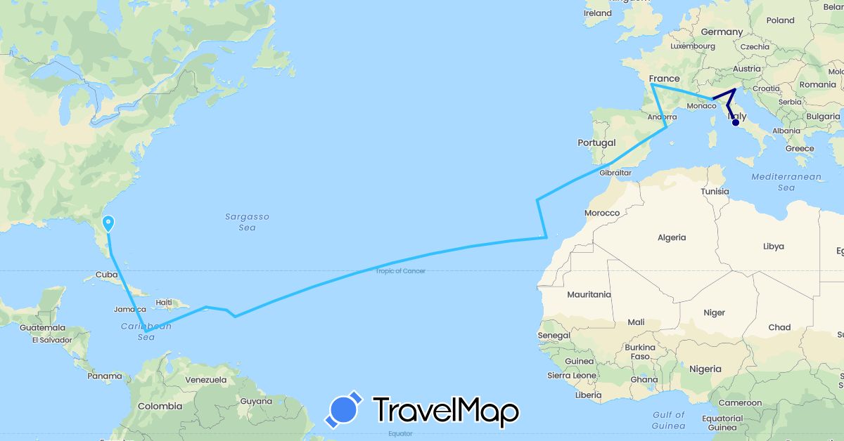 TravelMap itinerary: driving, boat in Antigua and Barbuda, Spain, France, Italy, Netherlands, Portugal, United States, Vatican City (Europe, North America)